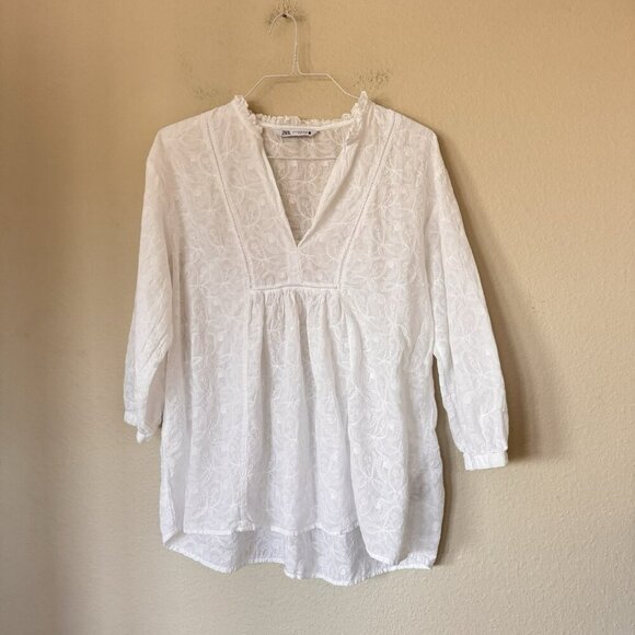 ZARA Cotton Embroidered White Blouse Tunic Top Shirt Size Medium - Picture 4 of 9